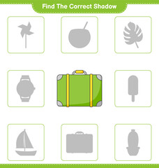 Find the correct shadow. Find and match the correct shadow of Luggage. Educational children game, printable worksheet, vector illustration