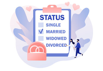 Marital status of couple. Legal status change. Checkbox list with single, married, widowed and divorced options for tiny people. Relationship concept. Modern flat cartoon style. Vector illustration