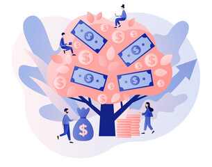 Money tree as metaphor of income and revenue. Investment and business concept. Investor strategy. Tiny people grow financial capital. Modern flat cartoon style. Vector illustration on white background