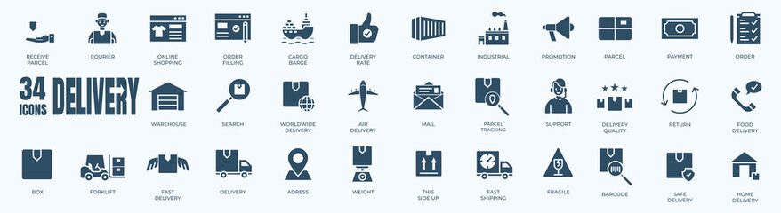 Delivery solid icon set. Vector graphic glyph style pictogram package isolated on white background. Outline icons collection. Simple vector illustration.