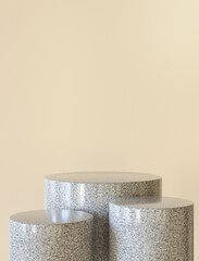 3d illustration. Minimal scene with three empty podiums on an beige background.