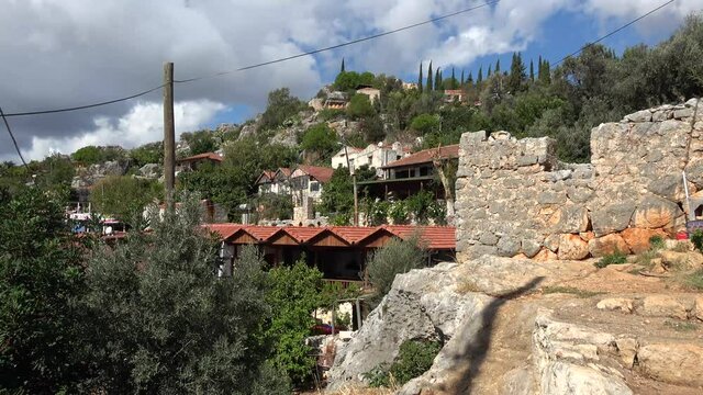 Kalekoy, Simena, Turkey - 17th of October 2021: 4K Houses of the ancient town of Simena
