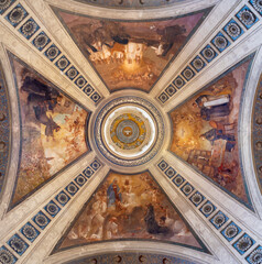 ROME, ITALY - AUGUST 31, 2021: The fresco with the franciscans holys in cupola in church Chiesa di Santa Dorotea by Gaetano Bocchetti (1931).