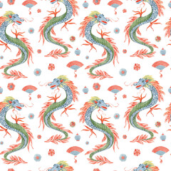 Watercolour Lunar New year seamless pattern for fabric. Asian pattern. Chinese year pattern for nursery, printing, textile, wrapping paper