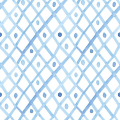 Fototapeta premium Watercolour abstract seamless pattern for fabric. Geometrical pattern. Blue simple pattern for nursery, printing, textile, wrapping paper