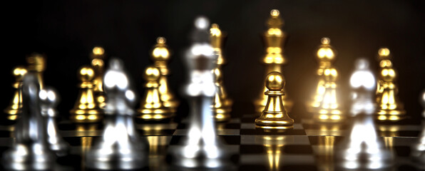 Close-up chess standing on chess board concept of team player or business team and leadership strategy and human resources organization management.