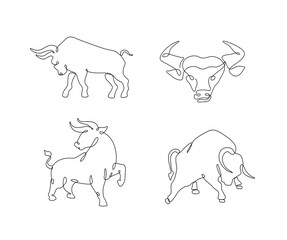 Bull, continuous line drawing, isolated vector illustration, tattoo, print and logo design, silhouette single line on a white background.