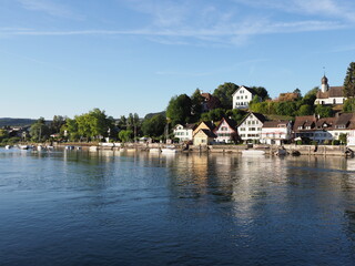 Fototapeta na wymiar Panorama of Rhine River in european STEIN AM RHEIN town in SWITZERLAND