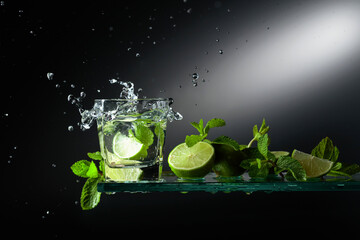 Cocktail mojito with lime slices and mint.