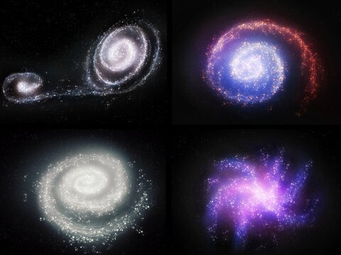 Collection of galaxies and other space phenomena. Clusters of stars and nebulae. Science fiction cosmos, composite image. 
