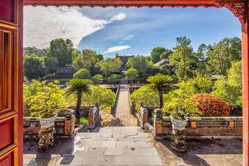 Minh Mang tomb near the Imperial City with the Purple Forbidden City within the Citadel in Hue, Vietnam. Imperial Royal Palace of Nguyen dynasty in Hue. Hue is a popular 