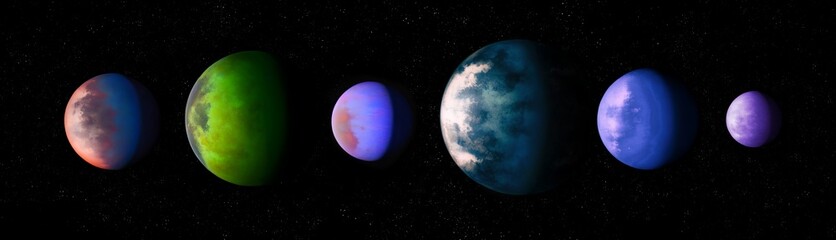 Six realistic planets on a black background. Exoplanets of different sizes and colors. Alien planetary system.