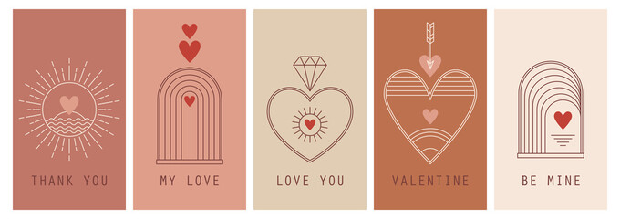 Abstract design Valentines day logo template with heart shapes. Modern minimal linear badge and emblem set for social media and greeting cards.