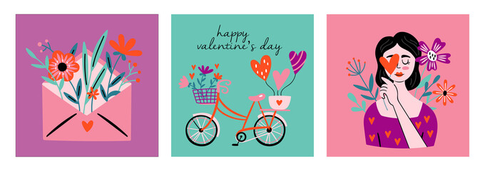 Valentines day cute greeting card set with heart shape, bicycle, girl and envelope. Hand drawn vector illustration