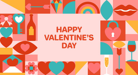 Happy Valentines day banner in flat style. Modern geometric elements set for flyer, social media and greeting card template.