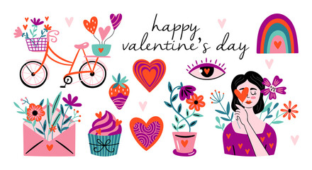 Valentines day cute elements set with heart shape, bicycle, girl and envelope. Hand drawn vector illustration