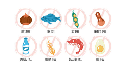 Allergy food hand drawn stickers set. Lactose free, egg, nuts, peanuts, shellfish, fish, soy and wheat. Labels for restaurant  menu design.
