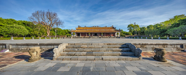 Wonderful view of the Thai Hoa palace in the Imperial City with the Purple Forbidden City within the Citadel in Hue, Vietnam. Imperial Royal Palace of Nguyen dynasty in Hue. Hue is a popular 