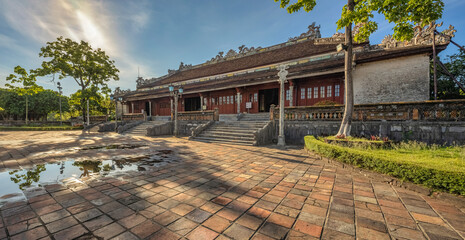 Wonderful view of the Thai Hoa palace in the Imperial City with the Purple Forbidden City within the Citadel in Hue, Vietnam. Imperial Royal Palace of Nguyen dynasty in Hue. Hue is a popular 