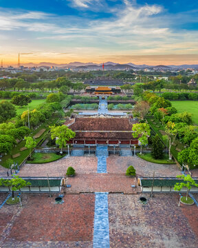 Wonderful view of the Thai Hoa palace in the Imperial City with the Purple Forbidden City within the Citadel in Hue, Vietnam. Imperial Royal Palace of Nguyen dynasty in Hue. Hue is a popular 