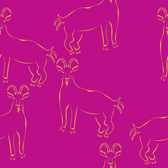 Goat stylized silhouette seamless pattern, yellow outline goat on a pink background
