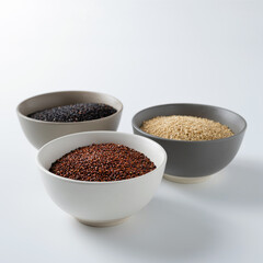 quinoa grain cereal, pseudo-grain, different types and colors in cups, white, black, red quinoa on a white background, square format