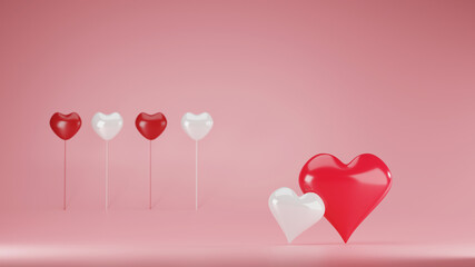 Two Hearts for Valentine's day concept on pink pastel color background with shadow 3D rendering