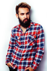 portrait of young bearded hipster guy smiling on white background close up isolated