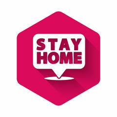 White Stay home icon isolated with long shadow. Corona virus 2019-nCoV. Pink hexagon button. Vector.