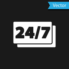 White Clock 24 hours icon isolated on black background. All day cyclic icon. 24 hours service symbol. Vector