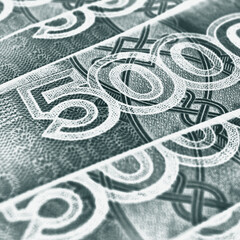 Russian banknotes 5000 rubles close-up. Fragment of a bill with focus on denomination figure. Black and gray square inverted illustration. Banks economy and money in Russia. Macro