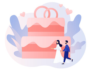 Married couple. Tiny people change marital status. Wedding with big wedding cake. Relationship concept. Legal status. Modern flat cartoon style. Vector illustration on white background