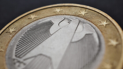 1 euro coin issued in Germany close-up. Focus on the head of the Federal Eagle. Economic background or backdrop. European Union currency. Eurozone economy news. Macro