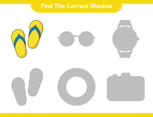 Find the correct shadow. Find and match the correct shadow of Flip Flop. Educational children game, printable worksheet, vector illustration