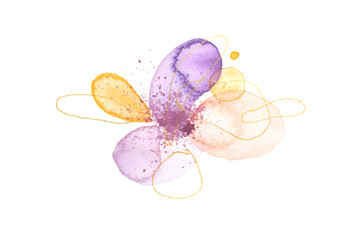 Abstract Watercolor flower blot with drops and doodle line elements on white background.