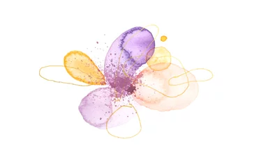 Deurstickers Abstract Watercolor flower blot with drops and doodle line elements on white background. © Liliia