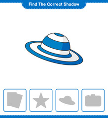Find the correct shadow. Find and match the correct shadow of Summer Hat. Educational children game, printable worksheet, vector illustration