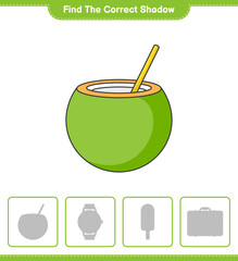 Find the correct shadow. Find and match the correct shadow of Coconut. Educational children game, printable worksheet, vector illustration