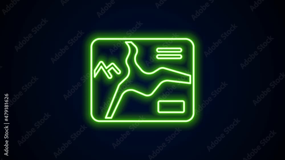Poster glowing neon line topographic map with route and coordinates icon isolated on black background. 4k v
