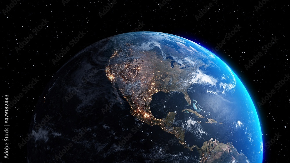 Poster planet earth with realistic geography surface and orbital 3d cloud atmosphere . outer space view of 