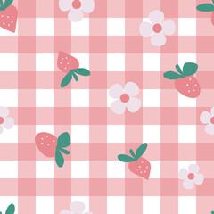 gingham check seamless pattern with strawberries and flowers