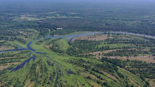 A drone view of the Chernobyl Nuclear Power Plant (ChNPP) and the Cooling pond in Chernobyl