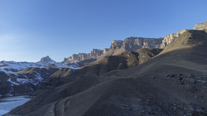Lake Gizhgit, Prielbrusye, mountains in winter, Russia, North Caucasus