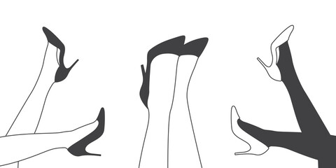 Female feet with shoes. Women's shoes. Design in flat and linear style. Vector image