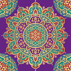 Colorful seamless pattern with mandala ornament. Traditional Arabic, Indian motifs. Great for fabric and textile, wallpaper, packaging or any desired idea.