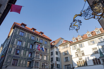 Facades of historic houses in Lucerne old town, Switzerland
