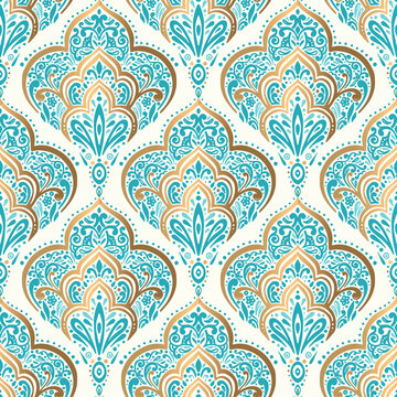 Gold and turquoise vector seamless pattern. Ornament, Traditional, Ethnic, Arabic, Turkish, Indian motifs. Great for fabric and textile, wallpaper, packaging design or any desired idea. 