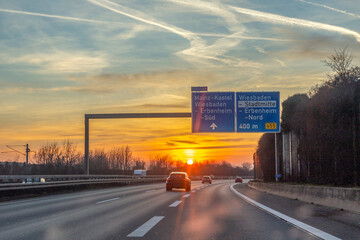 riding on a german highway in direction sunset