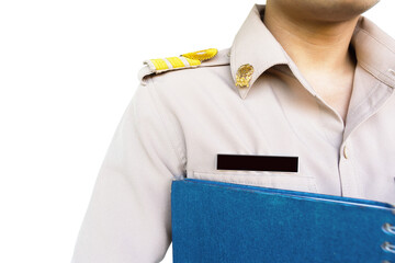 male teacher wearing Thai government uniform, holding book, isolated on white background, education...