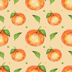 Seamless watercolor bright pattern with botanical elements. Tangerines and green leaves on a light background.